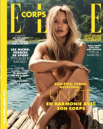 Elle magazine cover featuring a woman sitting on a dock with greenery and water visible in the background, showcasing a summer body theme.