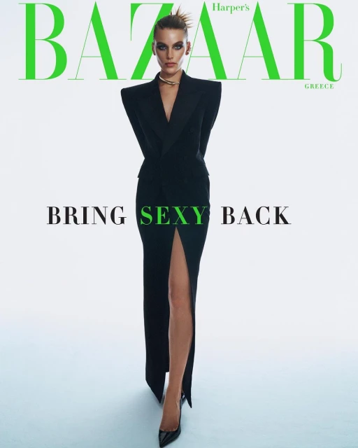 Harper's Bazaar Greece cover featuring a fashion model in a black dress with a high slit, posing against a clean white backdrop.