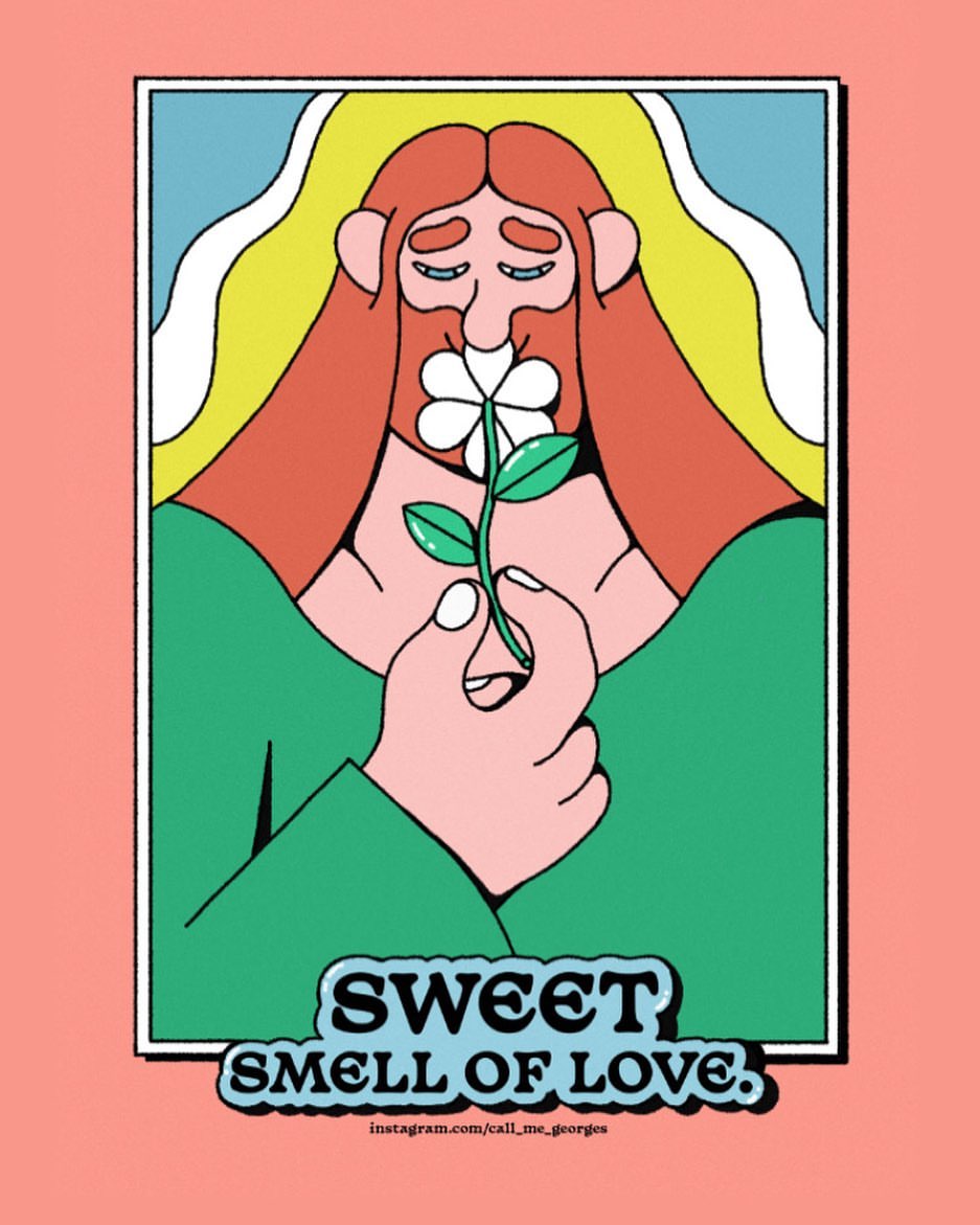 Illustration of a person holding a flower to their face with 'Sweet Smell of Love' text, against a peach and blue color palette.