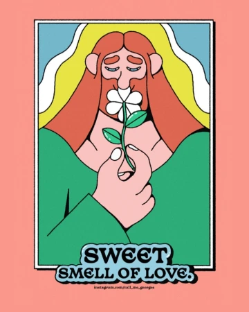 Illustration of a person holding a flower to their face with 'Sweet Smell of Love' text, against a peach and blue color palette.