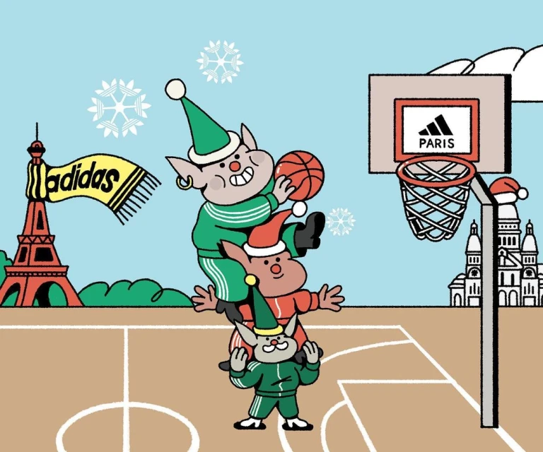 Illustration of three cartoon elves in tracksuits forming a tower on a basketball court, with the Eiffel Tower, a basketball hoop, snow.