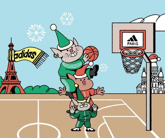 Illustration of three cartoon elves in tracksuits forming a tower on a basketball court, with the Eiffel Tower, a basketball hoop, snow.