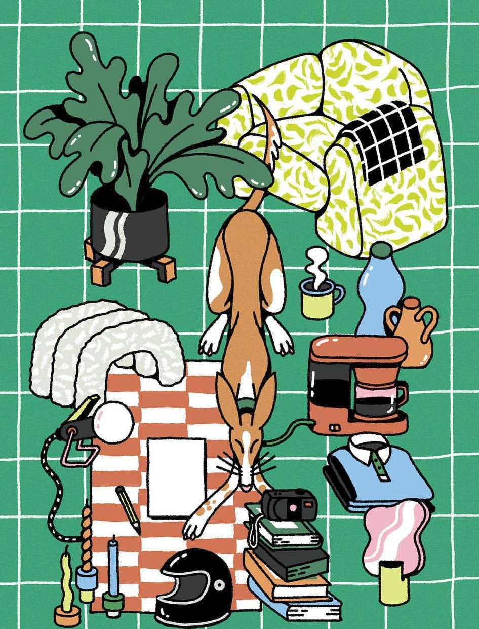 Stylized illustration of a dog lying on a checkered blanket surrounded by household objects, including a potted plant, books, and a helmet.