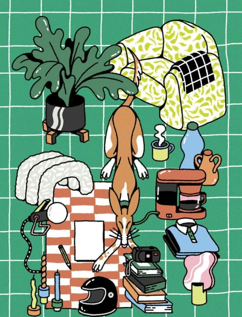 Stylized illustration of a dog lying on a checkered blanket surrounded by household objects, including a potted plant, books, and a helmet.