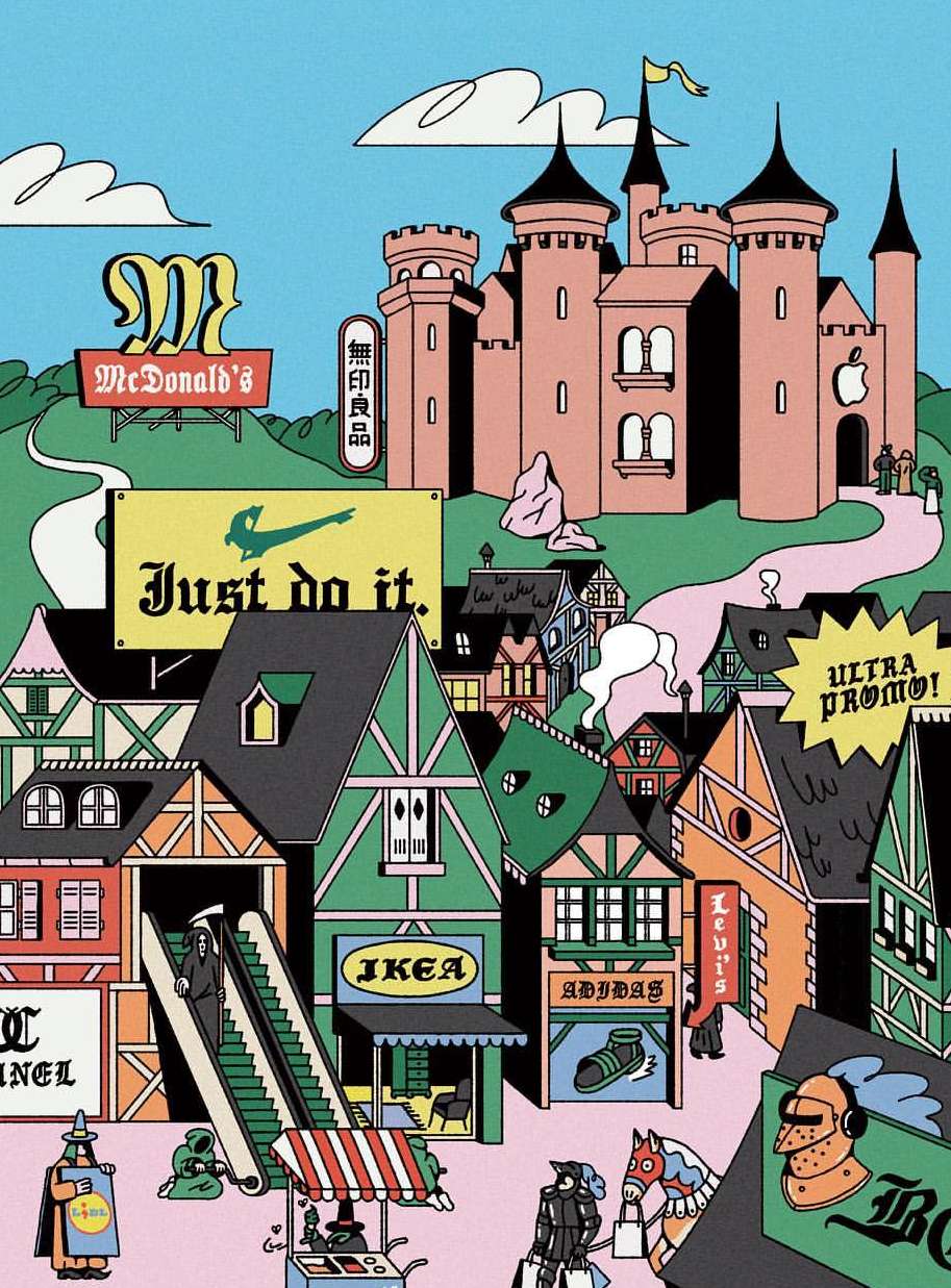 Cartoon illustration of a whimsical cityscape with global brand retail storefronts, a castle, and playful branding elements against a blue sky.