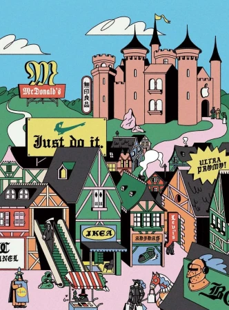 Cartoon illustration of a whimsical cityscape with global brand retail storefronts, a castle, and playful branding elements against a blue sky.