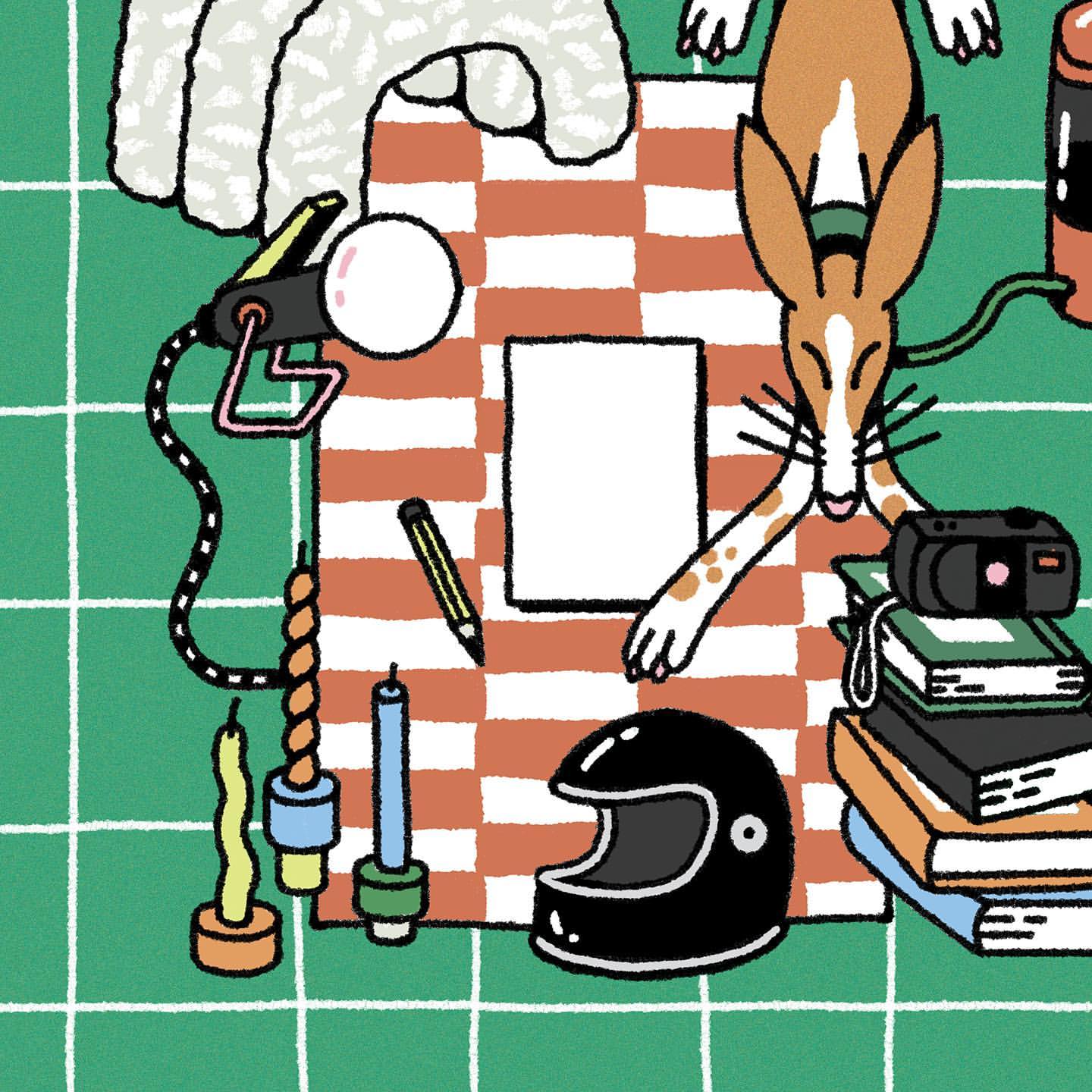Illustration shows a tan dog lying on a checkered surface with a blank piece of paper, camera, books, and other objects.