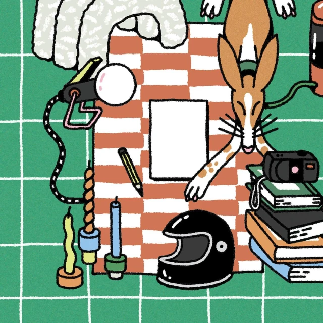 Illustration shows a tan dog lying on a checkered surface with a blank piece of paper, camera, books, and other objects.