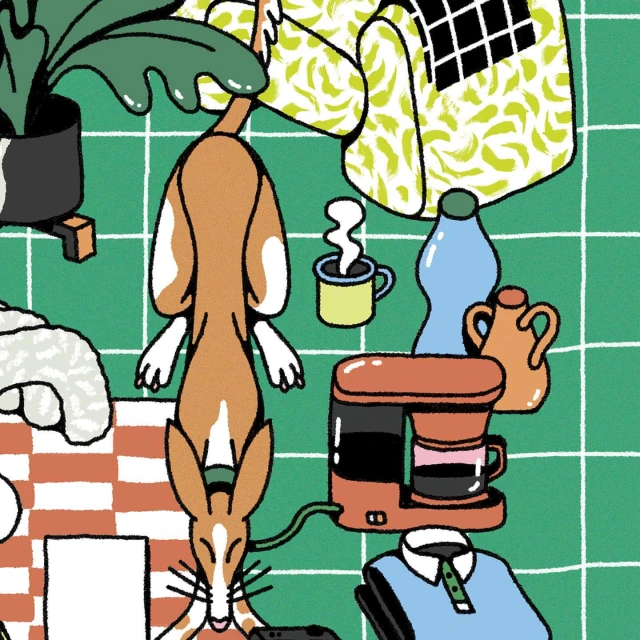Illustration of a cozy indoor scene with a brown and white dog lying on a green checkered floor, surrounded by furniture and objects.