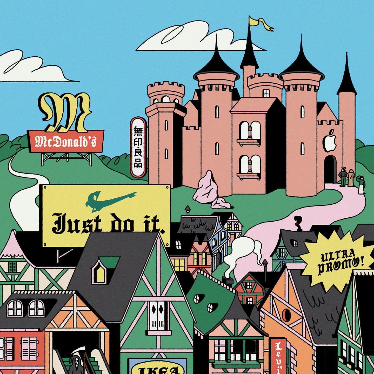Whimsical illustration of a castle, vintage-style buildings with IKEA and Levis storefronts, plus McDonald's and Nike brand billboards.