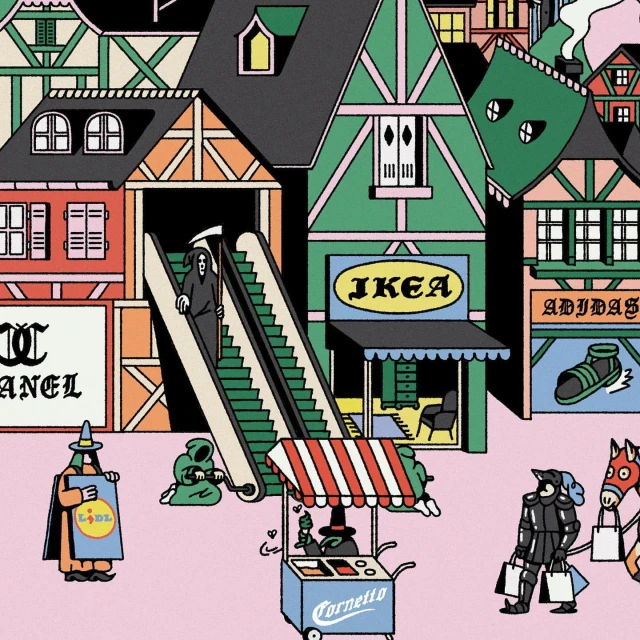 Cartoon illustration of figures and brand-name storefronts in a whimsical urban scene with surreal elements, on a light pink background.