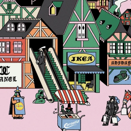 Cartoon illustration of figures and brand-name storefronts in a whimsical urban scene with surreal elements, on a light pink background.
