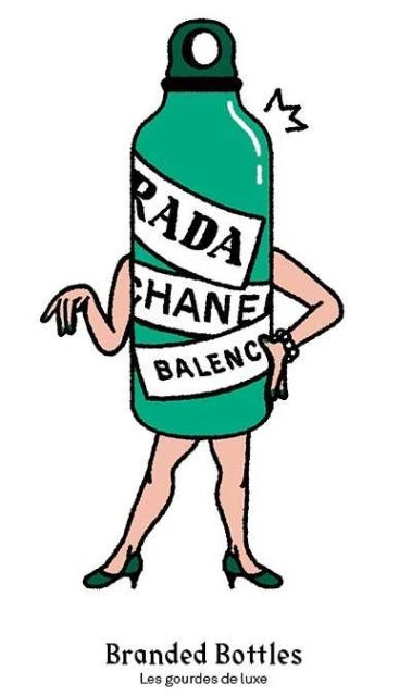 Illustration of a green branded water bottle with arms and legs, wearing high heels. Bottle labels Prada, Chanel, and Balenciaga.