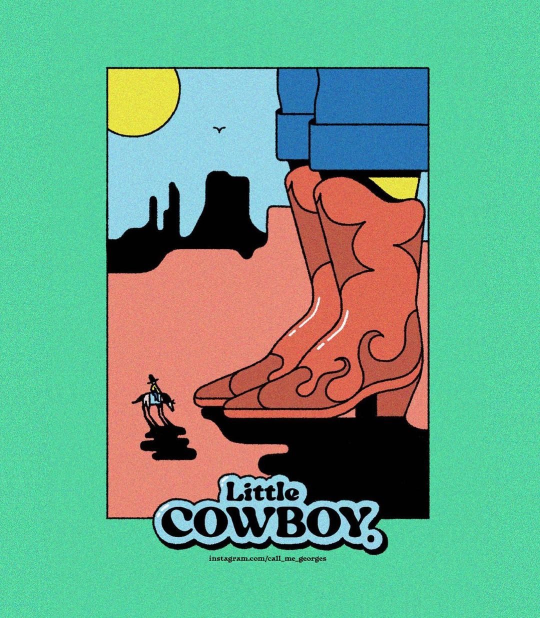 Illustrated cartoon of a diminutive cowboy standing before a pair of oversized cowboy boots in a desert landscape with a large sun.