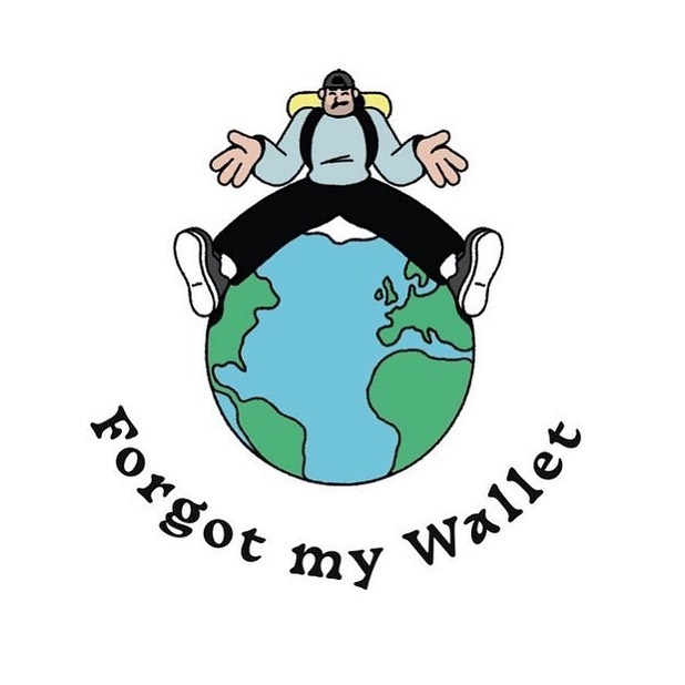 Cartoon illustration of a man with a backpack standing on the globe. Text reads 'Forgot my Wallet'.