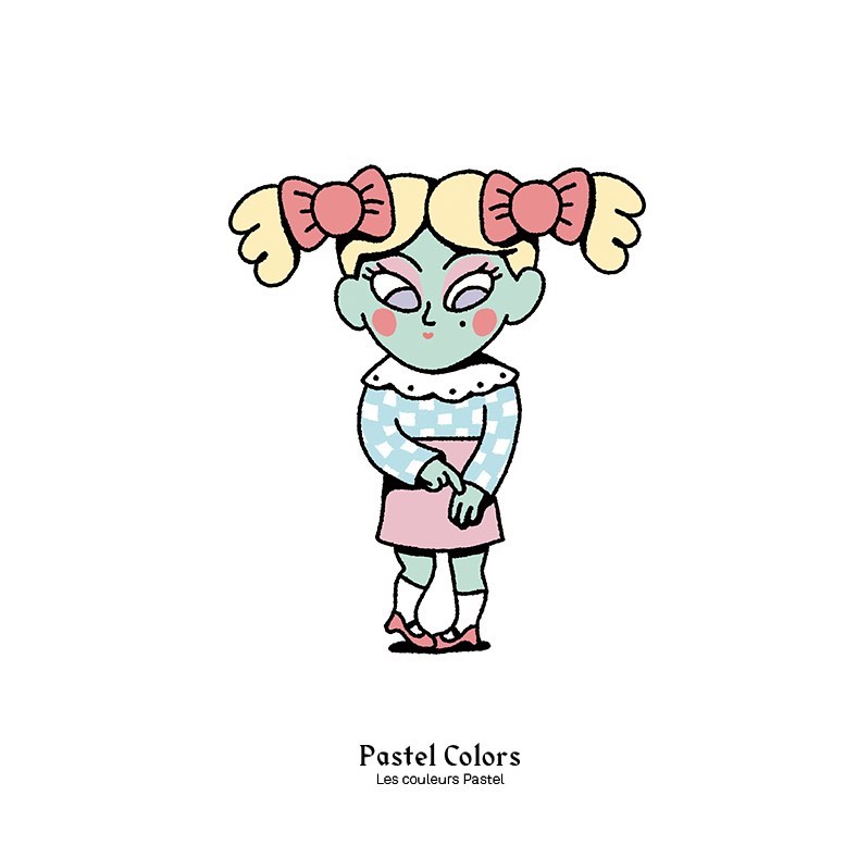 Illustration of a child with blonde pigtails tied with bows, wearing a blue and white dress with a pink skirt, on a white background.