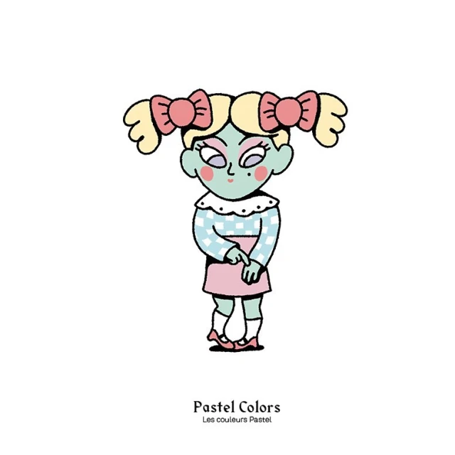 Illustration of a child with blonde pigtails tied with bows, wearing a blue and white dress with a pink skirt, on a white background.