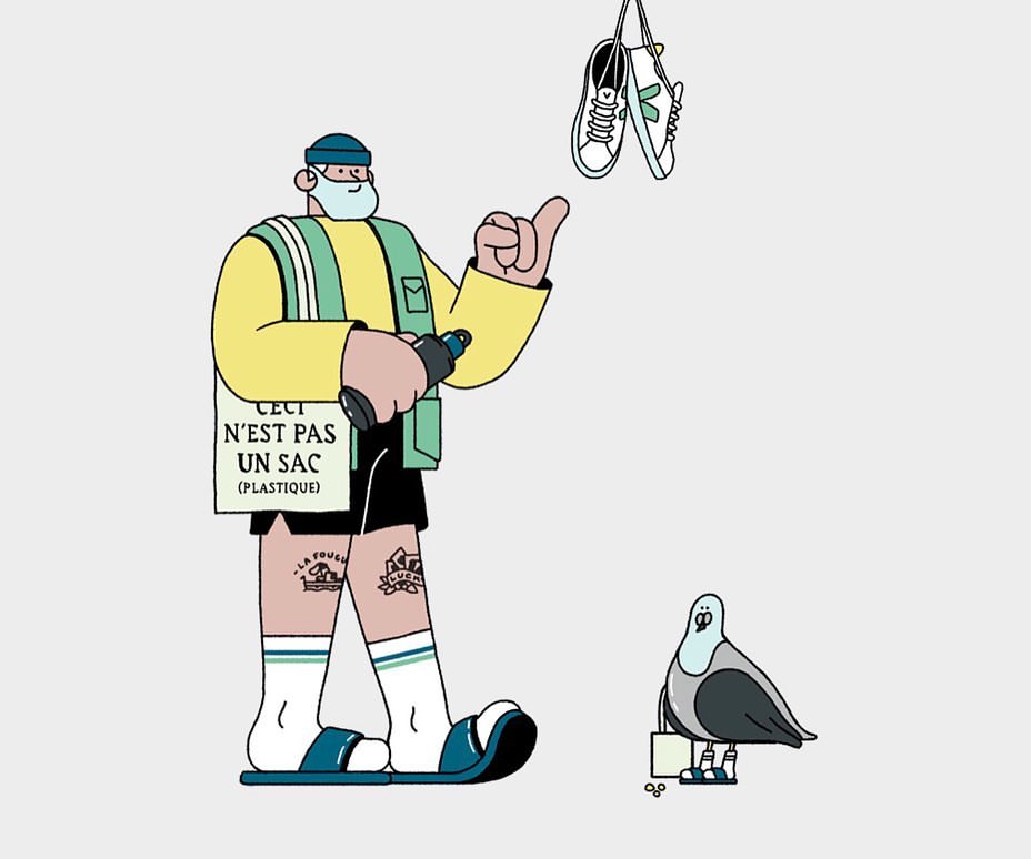 Illustration of a sanitation worker in a uniform and medical mask with suspended sneakers and a pigeon carrying a briefcase.