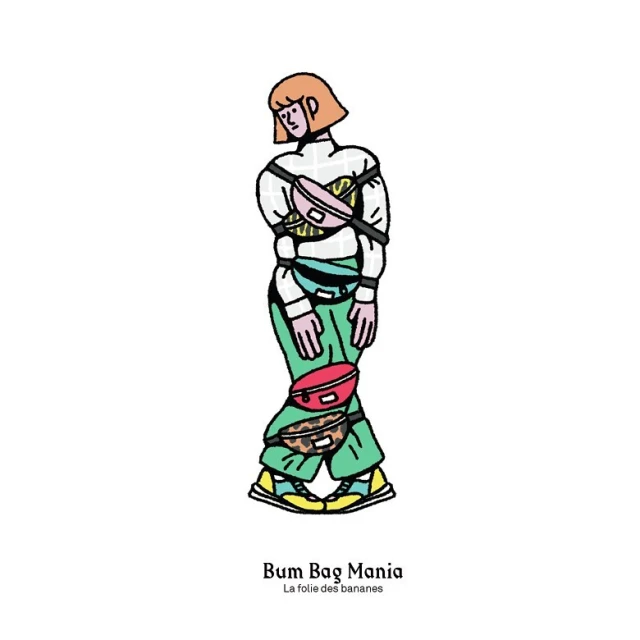 Illustration of a non-binary person wearing multiple fanny packs on a white background, quirky fashion accessory illustration.