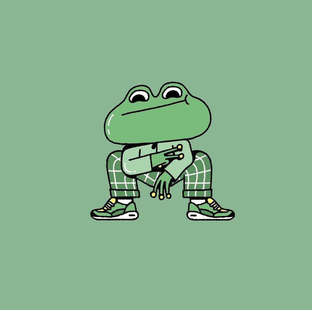 Illustration of a cartoon frog wearing a suit jacket, checkered pants, and sneakers, sitting against a solid green background.