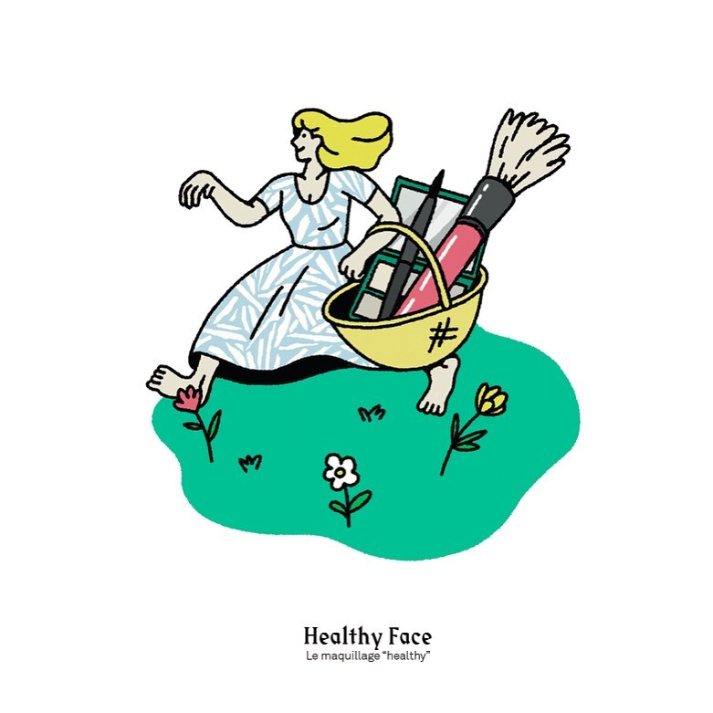 Illustration of a blonde woman walking barefoot through a green field carrying a basket of makeup, flowers, and greenery.