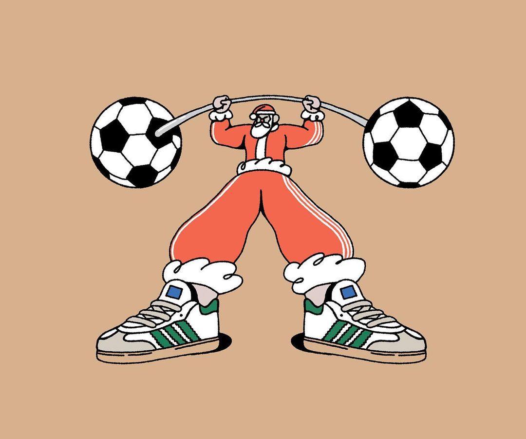 Illustration of Santa Claus lifting a barbell with soccer balls, wearing Adidas shoes and tracksuit against a light brown background.