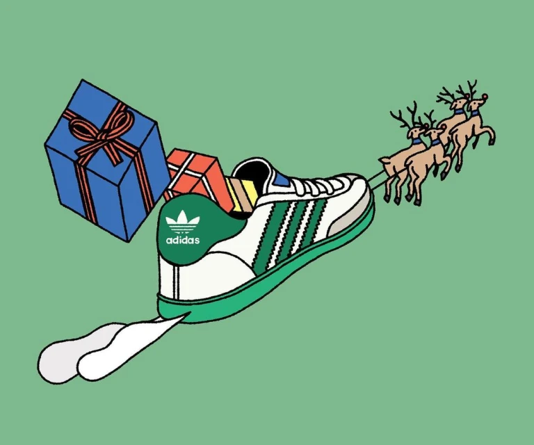 Illustration of Adidas sneaker being pulled by reindeers with gift boxes on a light green background, creating a whimsical, holiday-themed image.