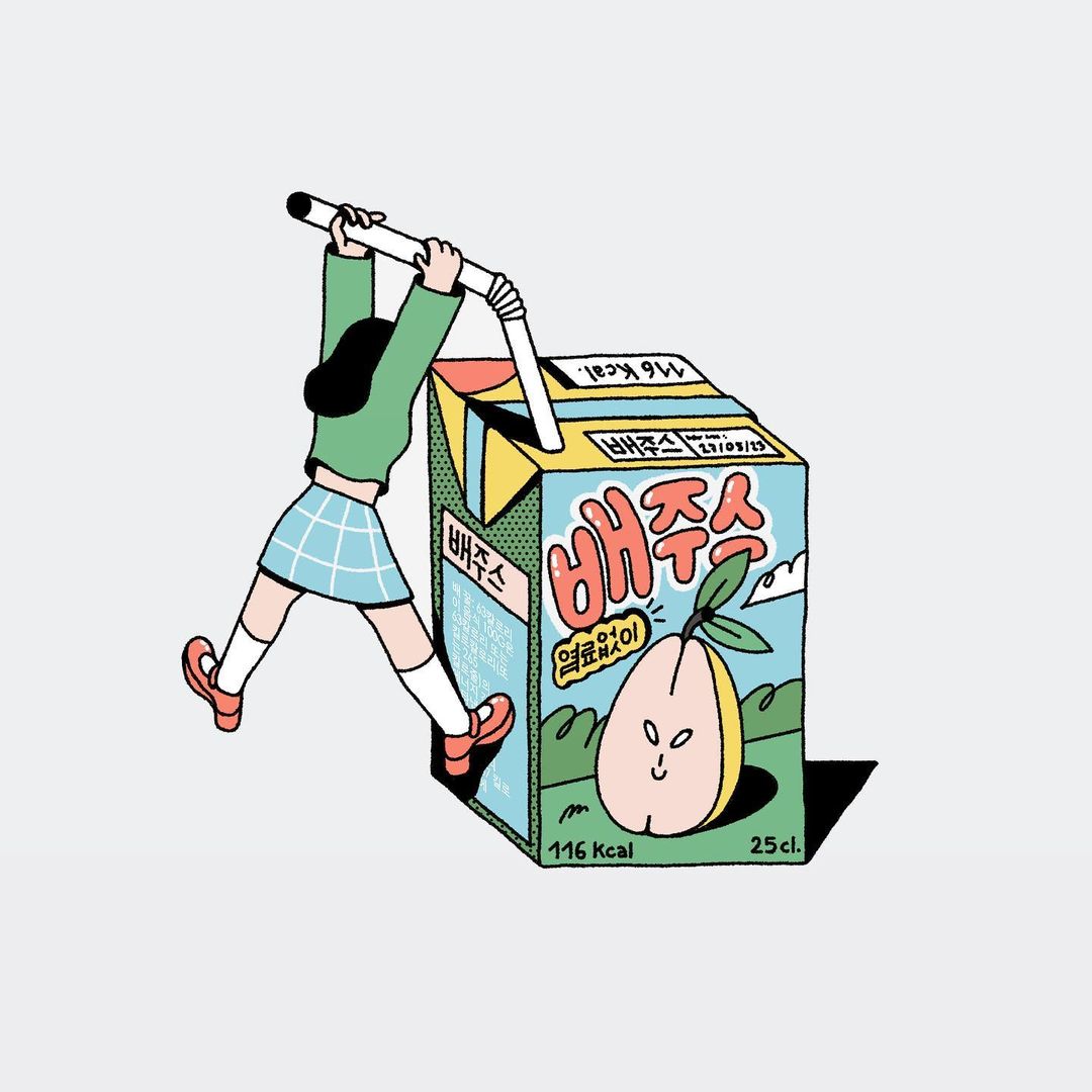 Illustration of a young person pushing a giant juice box with a straw, cartoon-style drawing with pastel colors and clean lines.