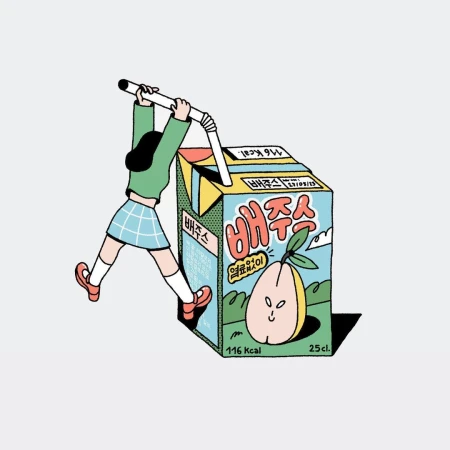 Illustration of a young person pushing a giant juice box with a straw, cartoon-style drawing with pastel colors and clean lines.