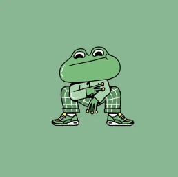 Digital illustration of a stylized green cartoon frog wearing plaid trousers and sneakers against a solid sage green background.
