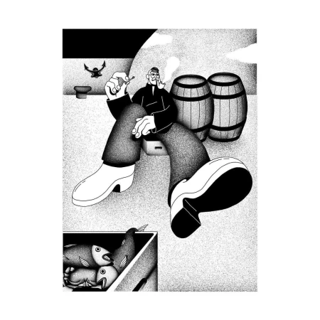 Black and white vector illustration of a mustached man smoking a pipe next to wooden barrels and a crate of fish.