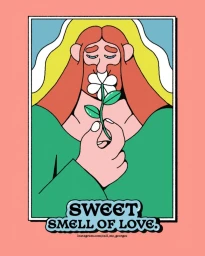 Illustrated portrait of a red-haired figure smelling a white flower, created by Call Me George(s) in Paris.