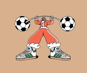 Digital illustration of Santa lifting a barbell made of soccer balls wearing track pants and sneakers
