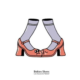 Illustration of two legs in light blue socks and coral Mary Jane shoes kissing, created by Call Me George(s).