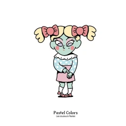 Illustration of a cartoon girl with pigtails, pink bows, checkered top, and pink skirt on a white background with pastel colors text