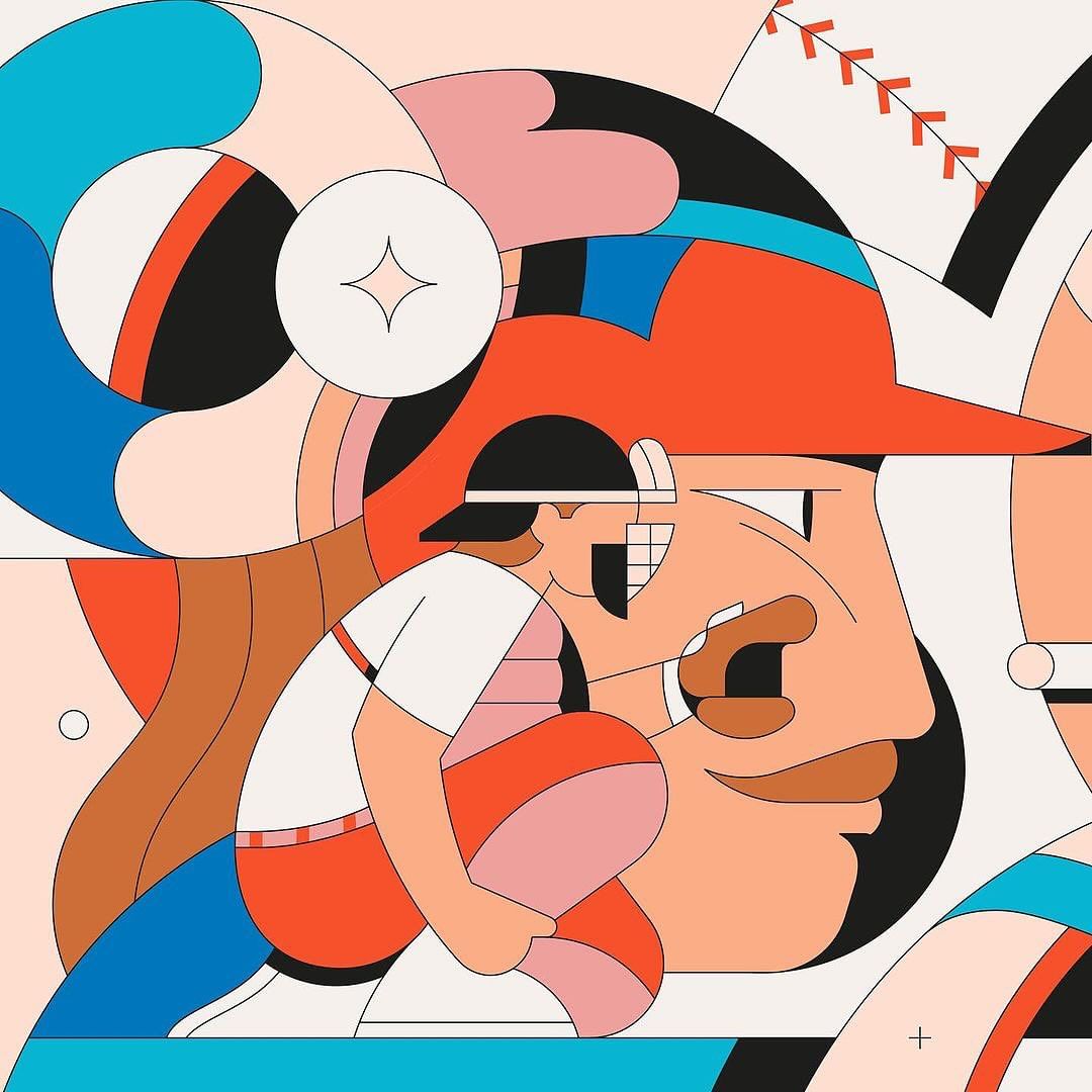 Illustration of a baseball player in crouched position, wearing red cap and catcher's mask, with circular geometric design elements.