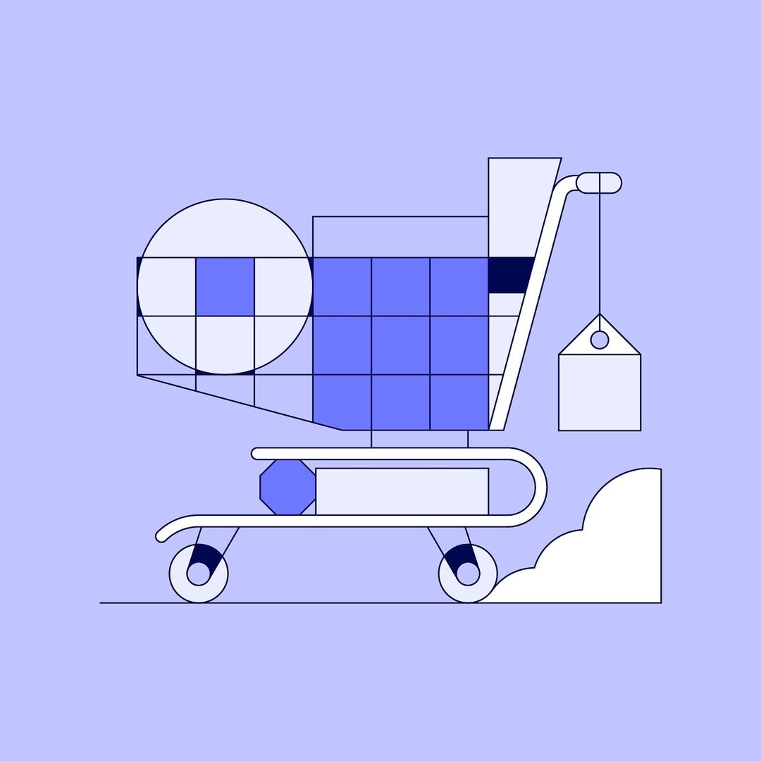 Illustrated shopping cart in blue with geometric shapes on a blue background, emphasizing modern, stylized retail concept.