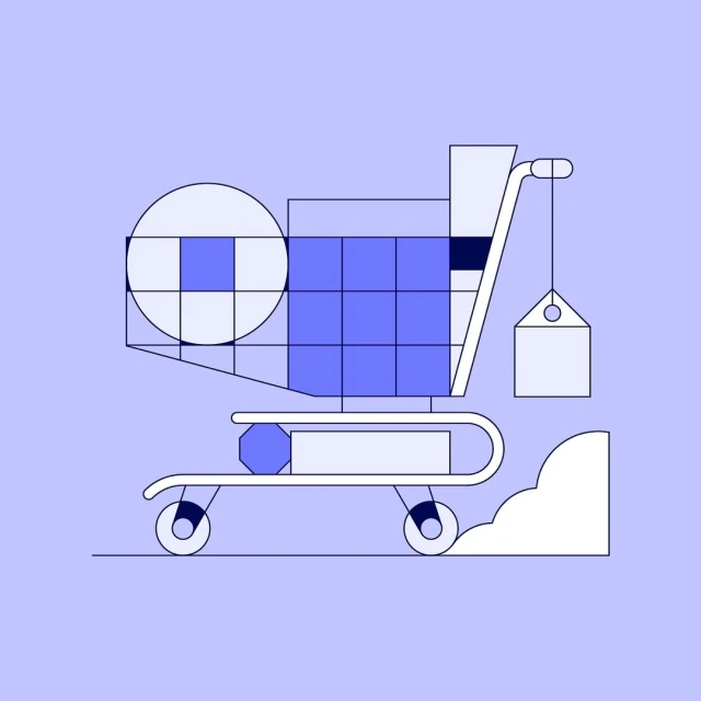 Illustrated shopping cart in blue with geometric shapes on a blue background, emphasizing modern, stylized retail concept.