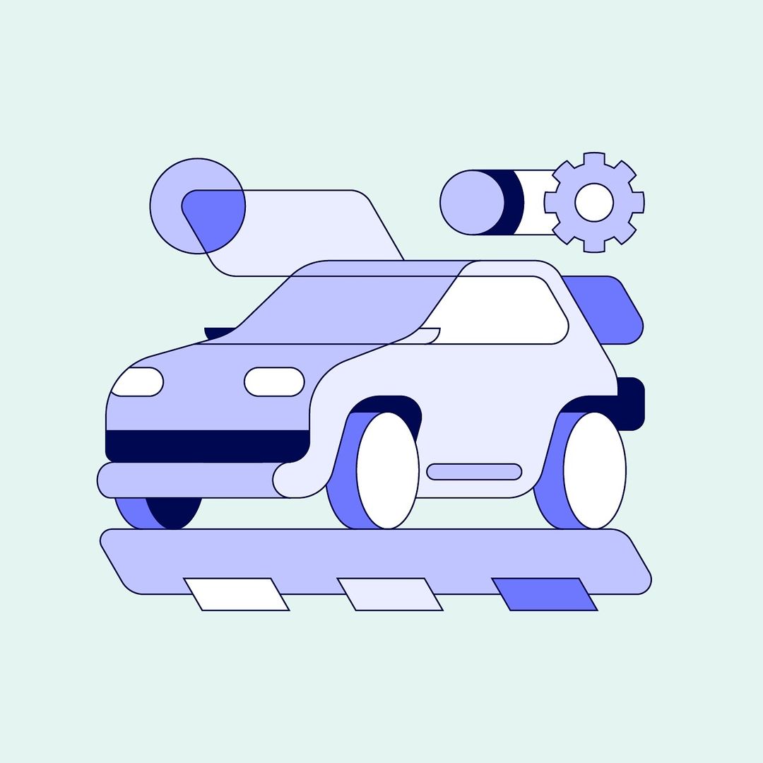Illustration of an outlined car, gear, and abstract shapes in shades of purple against a light blue background; graphic design style.