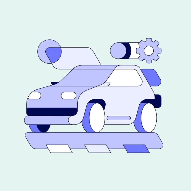 Illustration of an outlined car, gear, and abstract shapes in shades of purple against a light blue background; graphic design style.