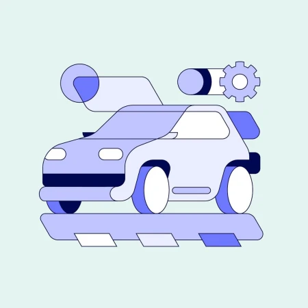 Illustration of an outlined car, gear, and abstract shapes in shades of purple against a light blue background; graphic design style.