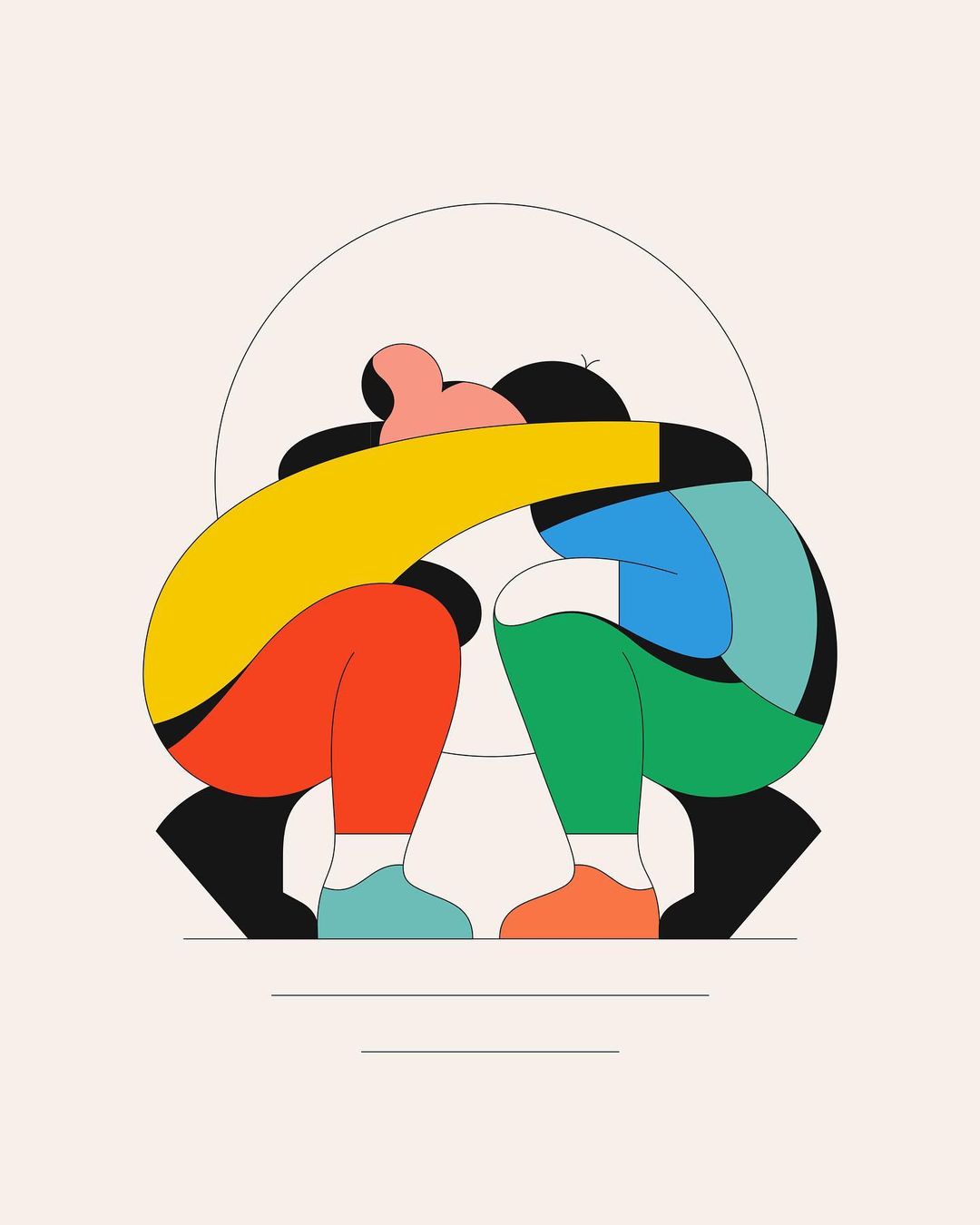 Illustration of two abstract figures in an embrace, rendered in bold, flat colors, with a minimalist style and a light background.
