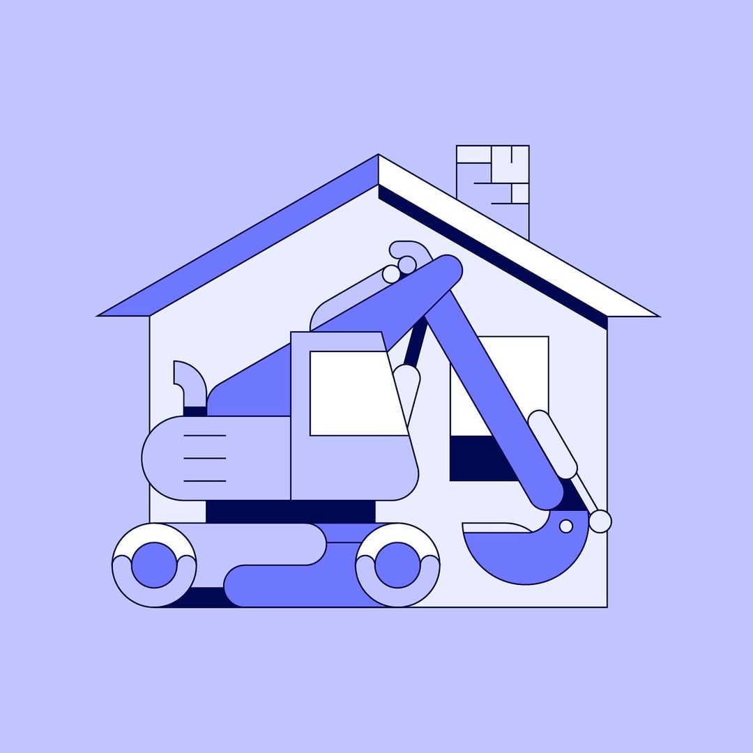 Illustration of a construction excavator appearing in front of a house, rendered with a flat design aesthetic, set against a periwinkle background.