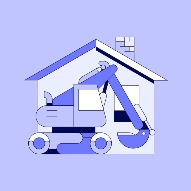 Illustration of a construction excavator appearing in front of a house, rendered with a flat design aesthetic, set against a periwinkle background.