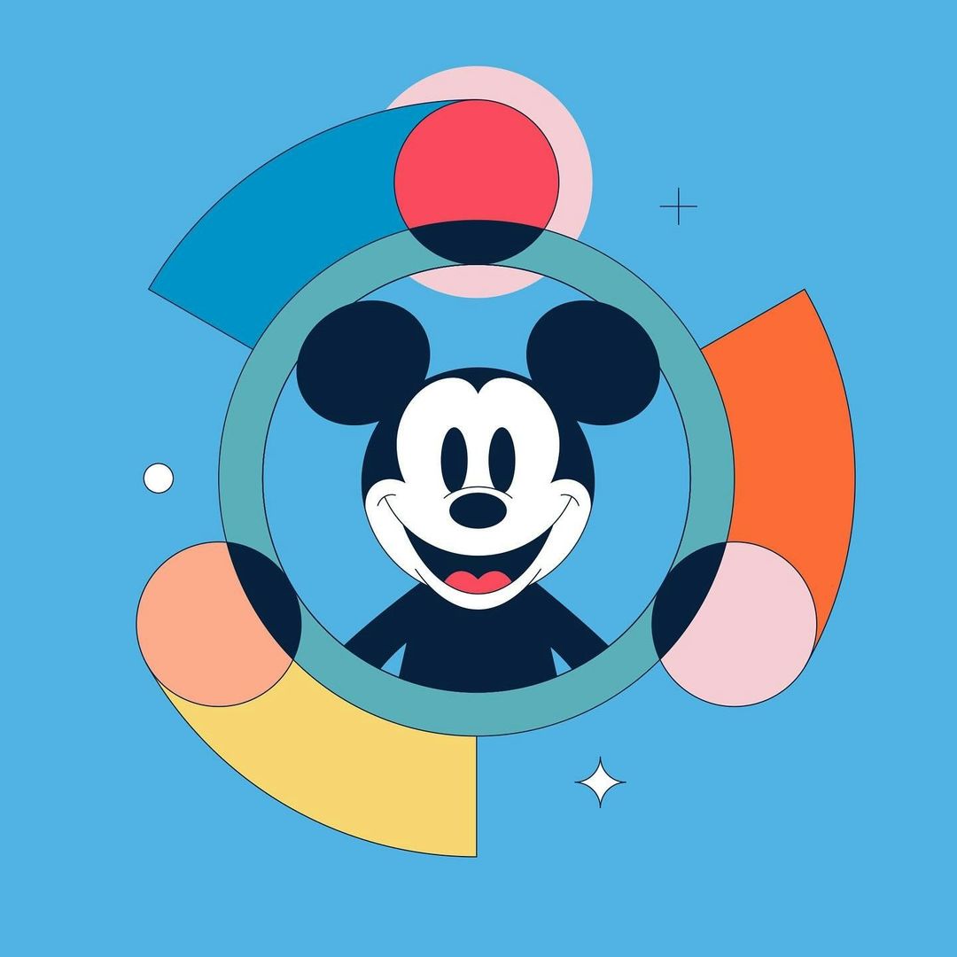 Smiling Mickey Mouse character illustration with geometric shapes and teal circle frame on a light blue background.