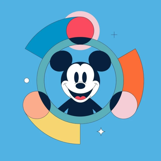 Smiling Mickey Mouse character illustration with geometric shapes and teal circle frame on a light blue background.