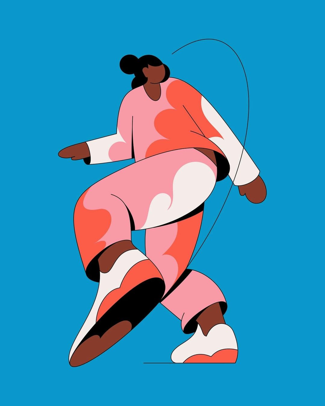 Illustration of an adult female in an active pose, wearing casual patterned clothing against a bright blue backdrop, with minimal shadows.
