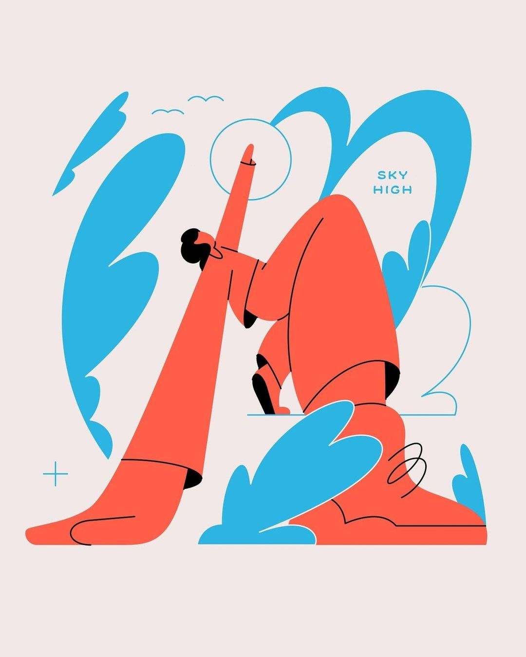 Whimsical illustration of a person reaching towards the sky, rendered with bold, flat colors and playful, stylized clouds and birds.