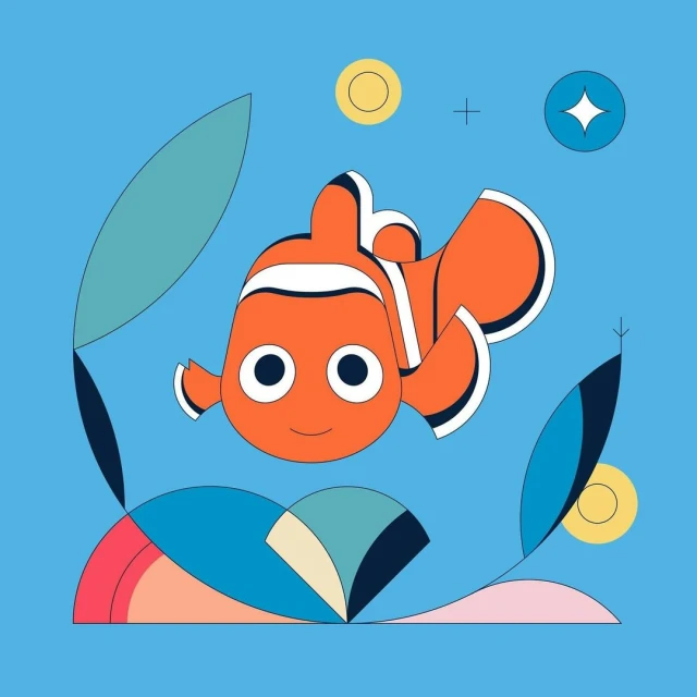 Animated orange and white clownfish illustration against a light blue background with various geometric shapes and abstract foliage.