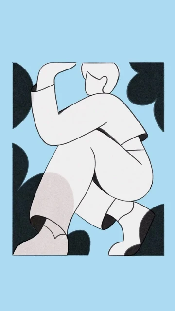 Illustration of a seated person with white clothing against a light blue background, stylized with black abstract floral shapes.